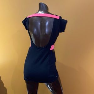 Backless black stretchy mini dress with neon details